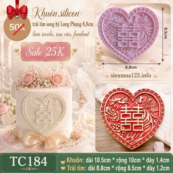 Khuôn silicon trái tim song hỷ Long Phụng 8,8cm mỏng làm fondant ( TC184 )