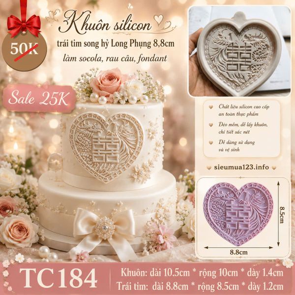Khuôn silicon trái tim song hỷ Long Phụng 8,8cm mỏng làm fondant ( TC184 )