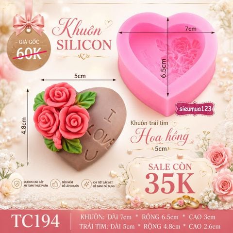 Khuôn rau câu silicon trái tim hoa hồng 5cm ( TC194 )