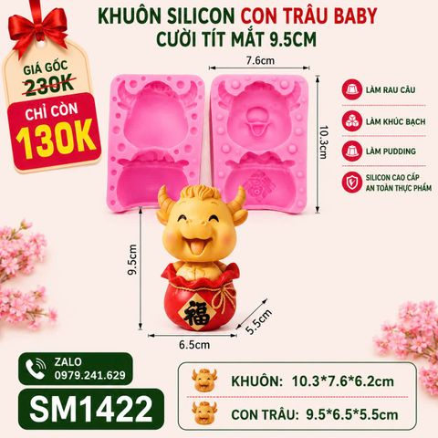 Khuôn silicon làm rau câu con trâu cười tít mắt ngồi trong túi vàng chữ Phúc 9,5cm ( SM1422 )