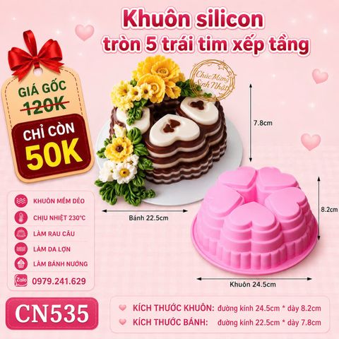 Khuôn silicon làm rau câu 5 trái tim xếp tầng 23cm ( CN535 )