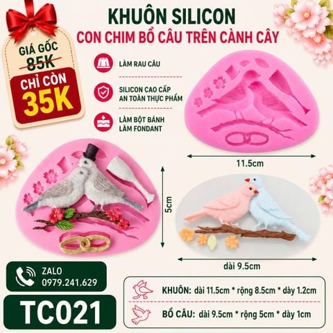 Khuôn Silicon Làm Fondant 2 Con Chim Bồ Câu Trên Cành Cây ( TC021 )