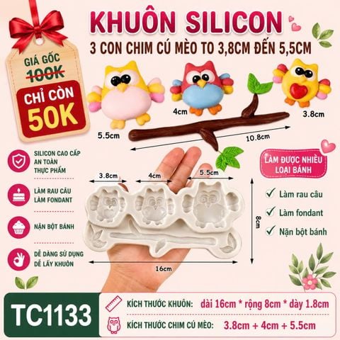 Khuôn silicon 3 con chim cú mèo to 3,8cm đến 5,5cm ( TC1133 )