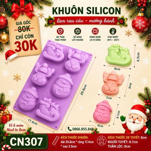 Khuôn slicon 6 xe tuyết , người tuyết , tuần lộc Noel to 8cm ( CN307 )