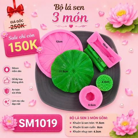 Bộ 3 khuôn silicon gương sen + lá sen tròn + lá sen cuốn ( SM1019 ) có bán lẻ từng món