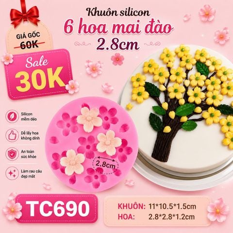 Khuôn silicon vỉ 6 hoa mai hoa đào kèm lá 2,8cm ( TC690 )