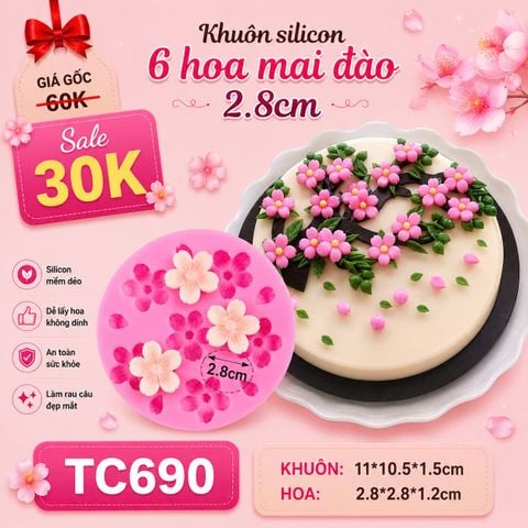 Khuôn silicon vỉ 6 hoa đào kèm lá 2,8cm ( TC690 )