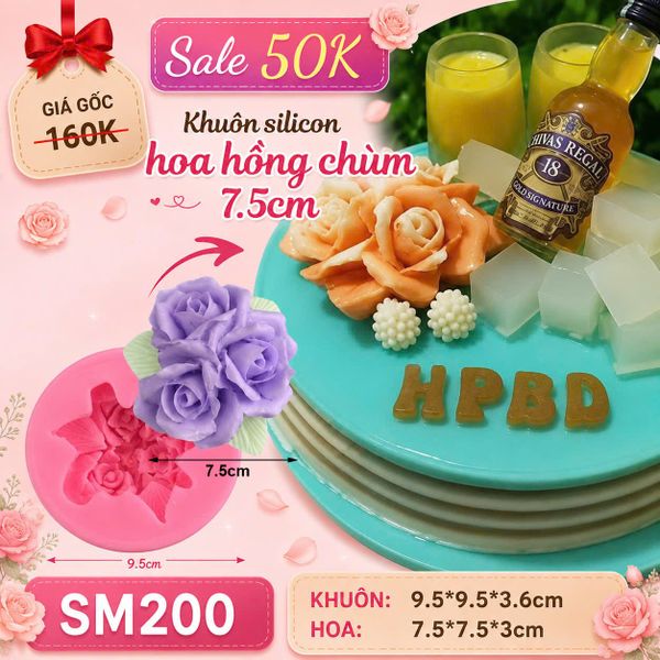 Khuôn silicon hoa hồng chùm 3 bông kèm lá 7,5cm ( SM200 )