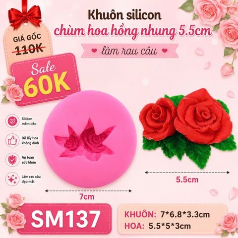 Khuôn rau câu silicon 4d: Khuôn chùm hoa hồng nhung 5,5cm ( SM137 )