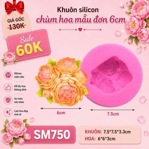 Khuôn rau câu silicon 4d chùm hoa mẫu đơn 6cm ( SM750 )