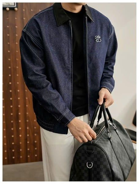  [ẢNH THẬT] Áo Khoác Jean Nam Phối Cổ Da Logo Thêu 8088 