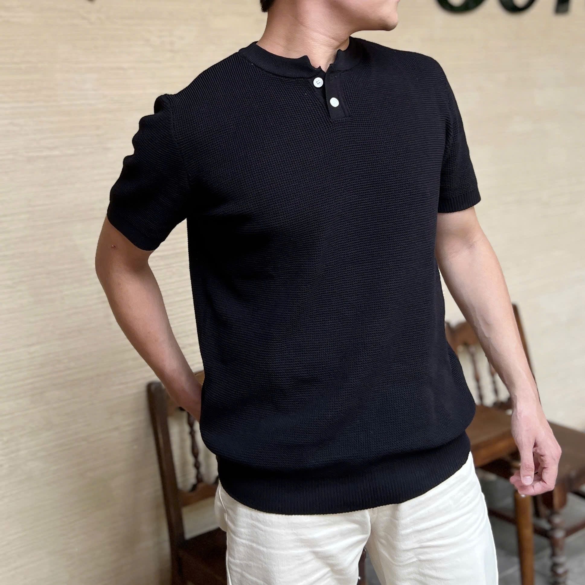  [ẢNH THẬT] Áo Ngắn Tay Len Nam Trơn Cúc Cổ 2010 