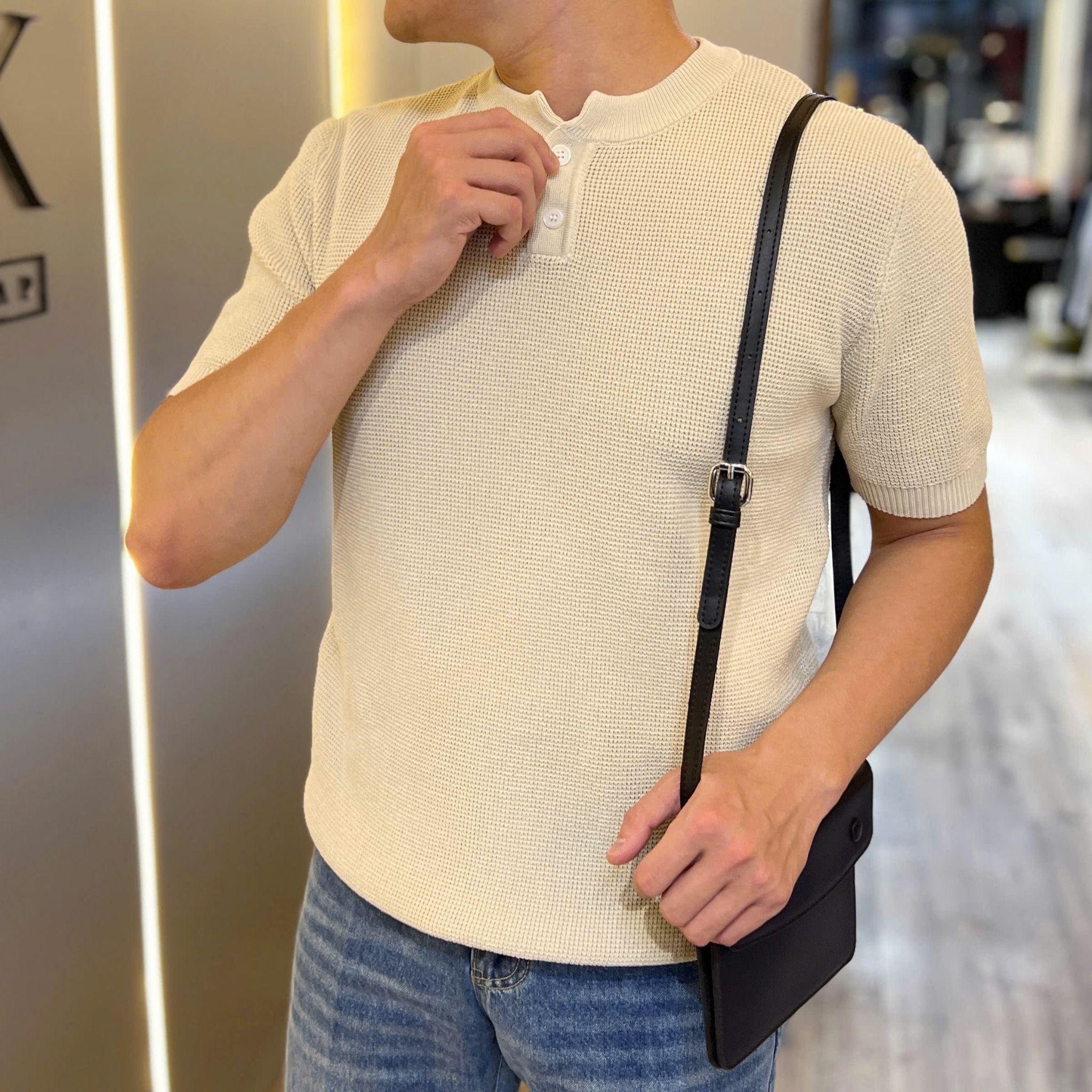  [ẢNH THẬT] Áo Ngắn Tay Len Nam Trơn Cúc Cổ 2010 