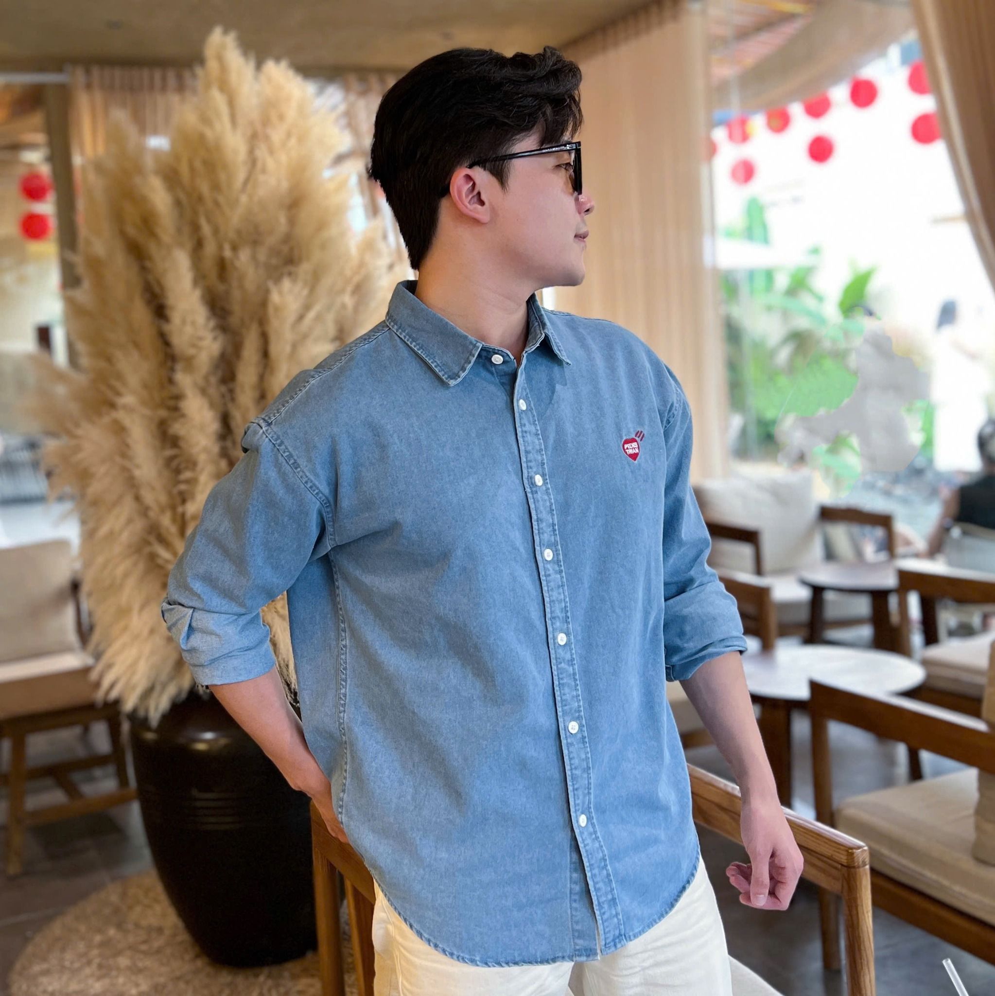  [ẢNH THẬT] Áo Sơ Mi Nam Dài Tay Denim Logo Tim 8879 