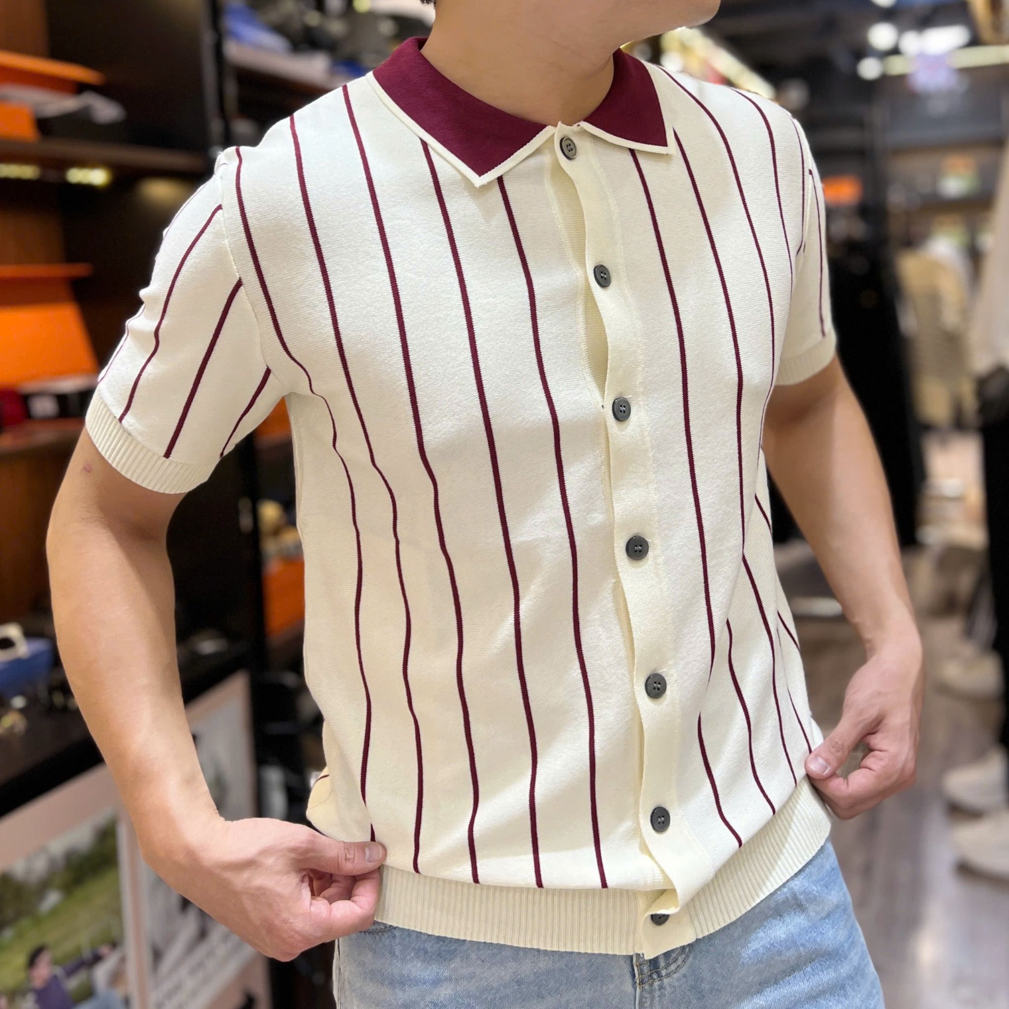  [ẢNH THẬT] Áo Polo Len Nam Ngắn Tay Yomo Kẻ Sọc 4102 