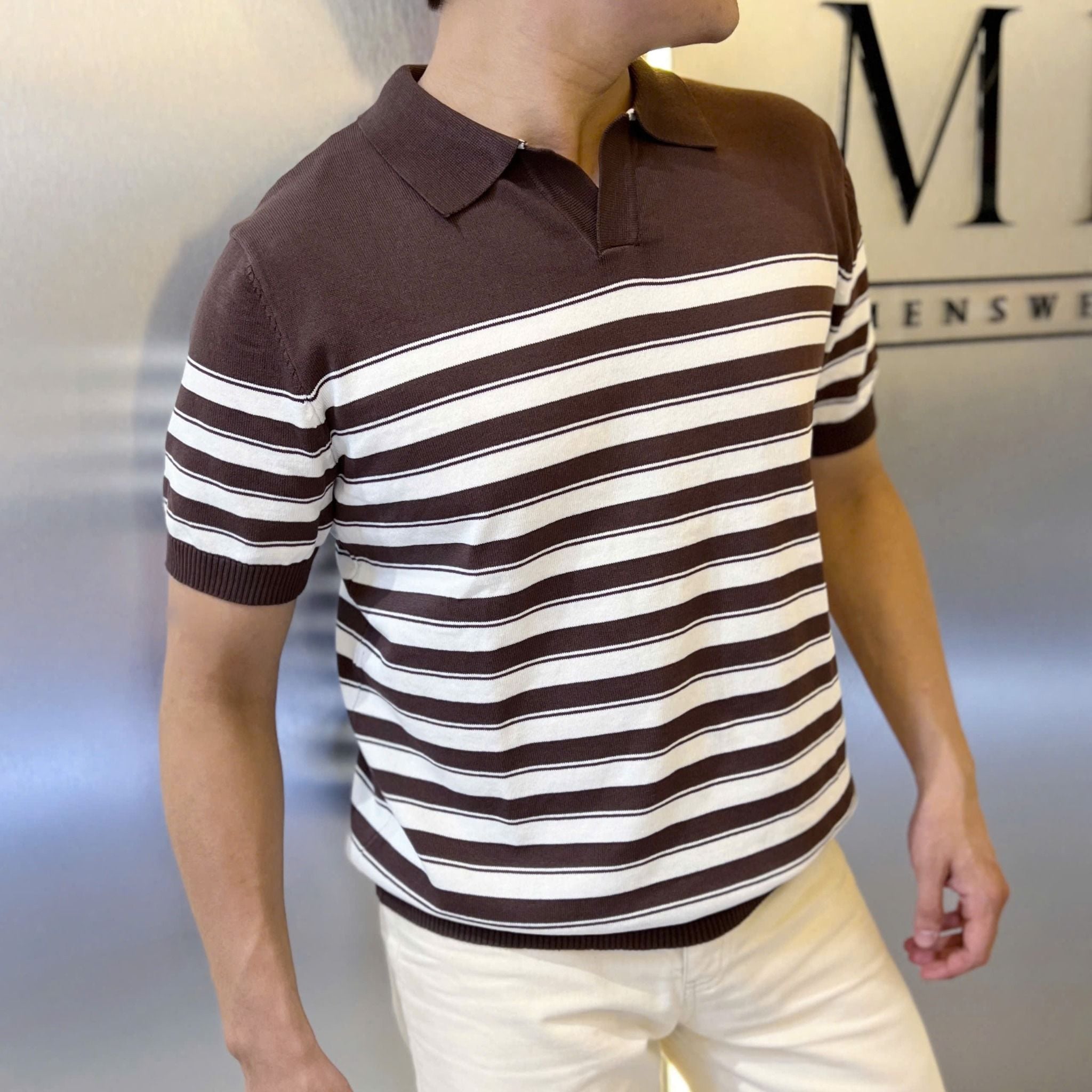  [ẢNH THẬT] Áo Polo Len Nam Ngắn Tay Kẻ Ngang Cổ V B2003 