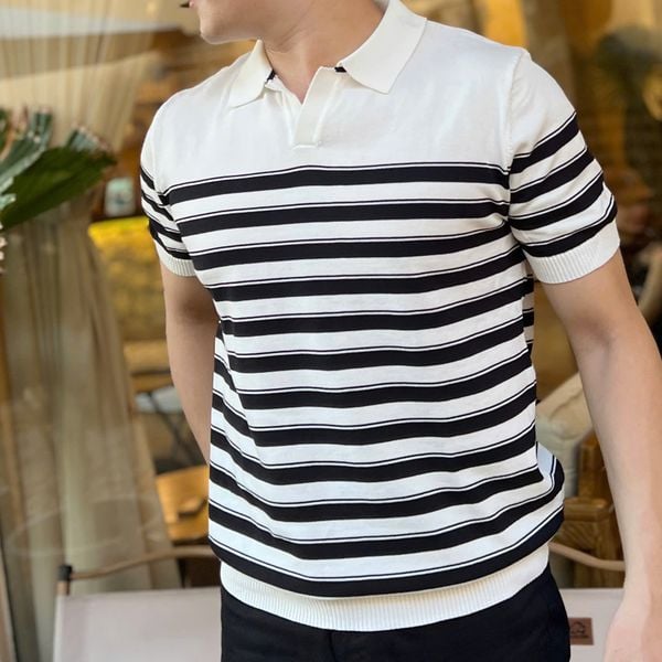  [ẢNH THẬT] Áo Polo Len Nam Ngắn Tay Kẻ Ngang Cổ V B2003 