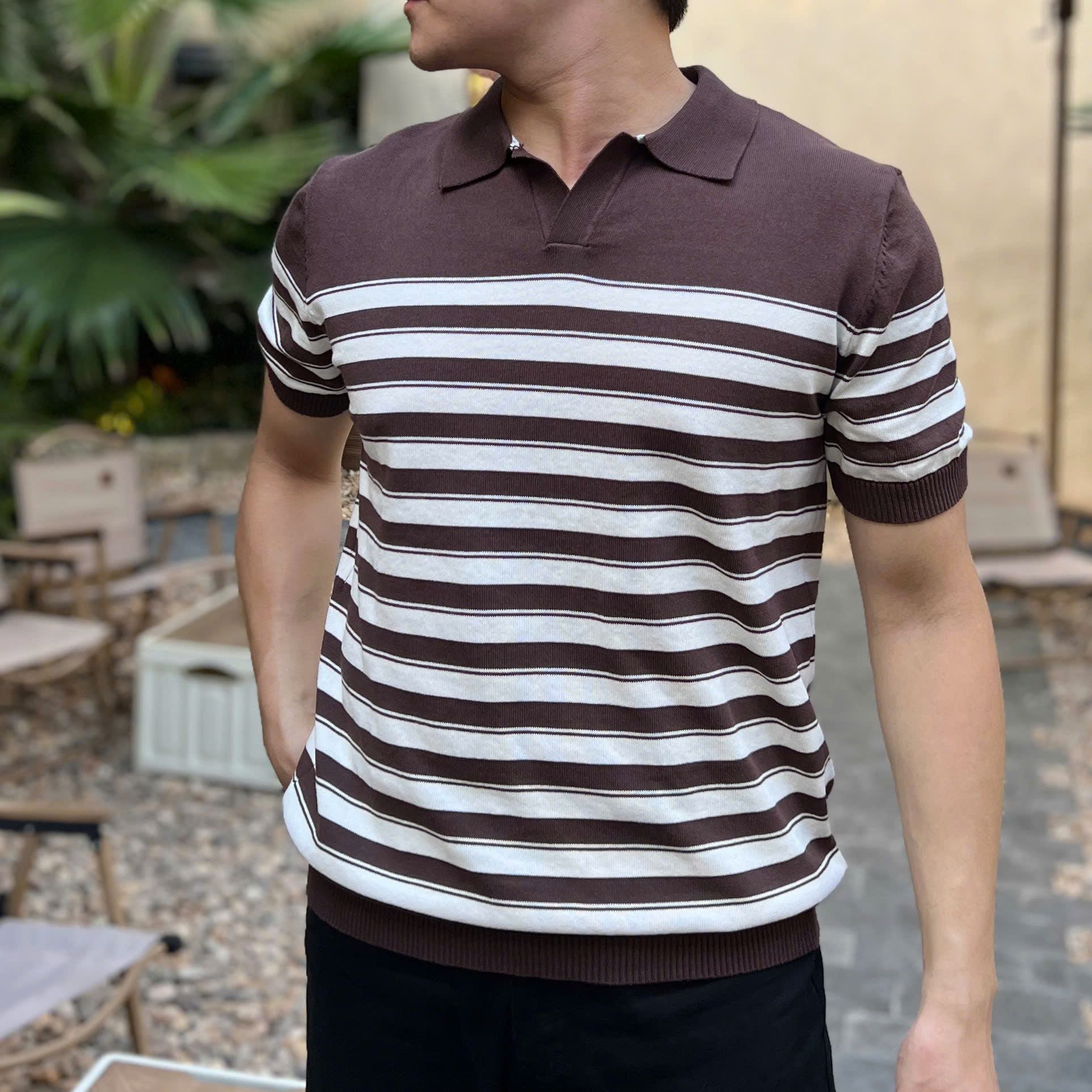  [ẢNH THẬT] Áo Polo Len Nam Ngắn Tay Kẻ Ngang Cổ V B2003 