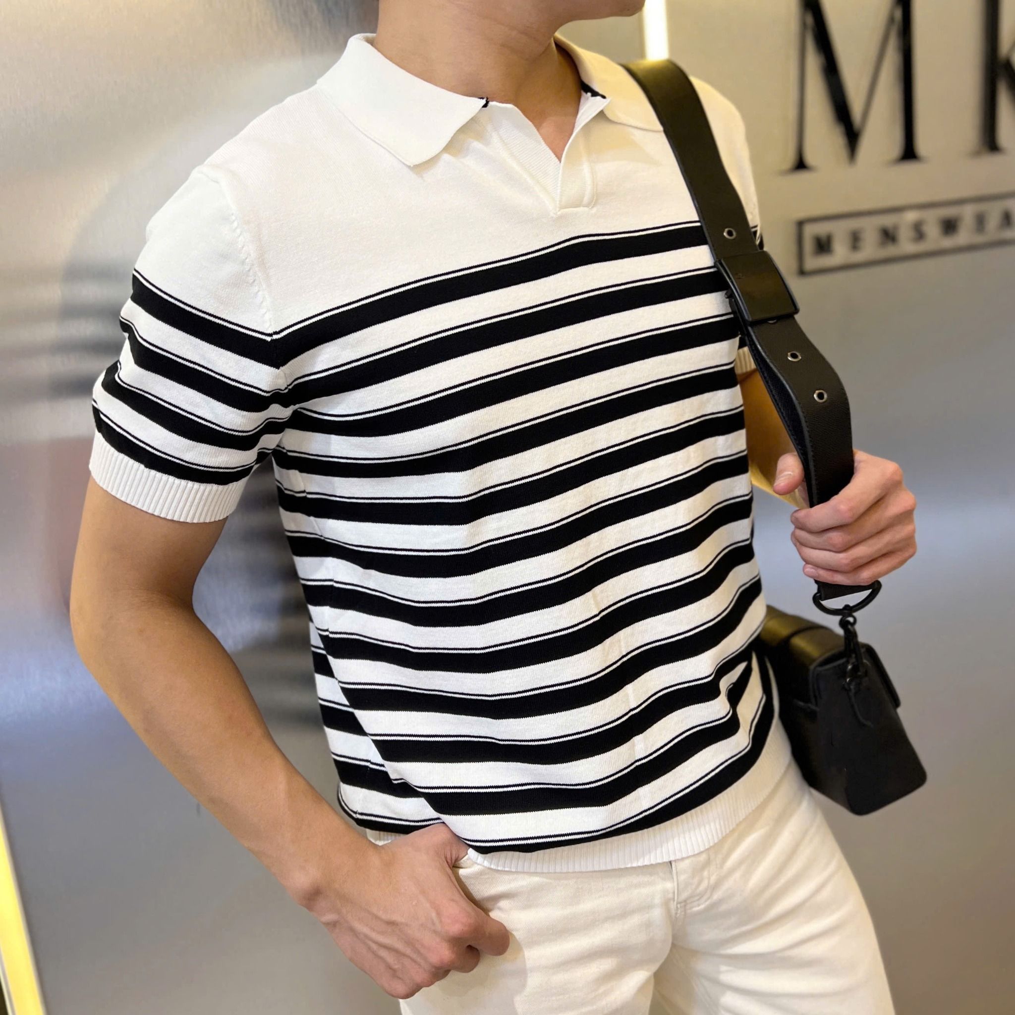  [ẢNH THẬT] Áo Polo Len Nam Ngắn Tay Kẻ Ngang Cổ V B2003 