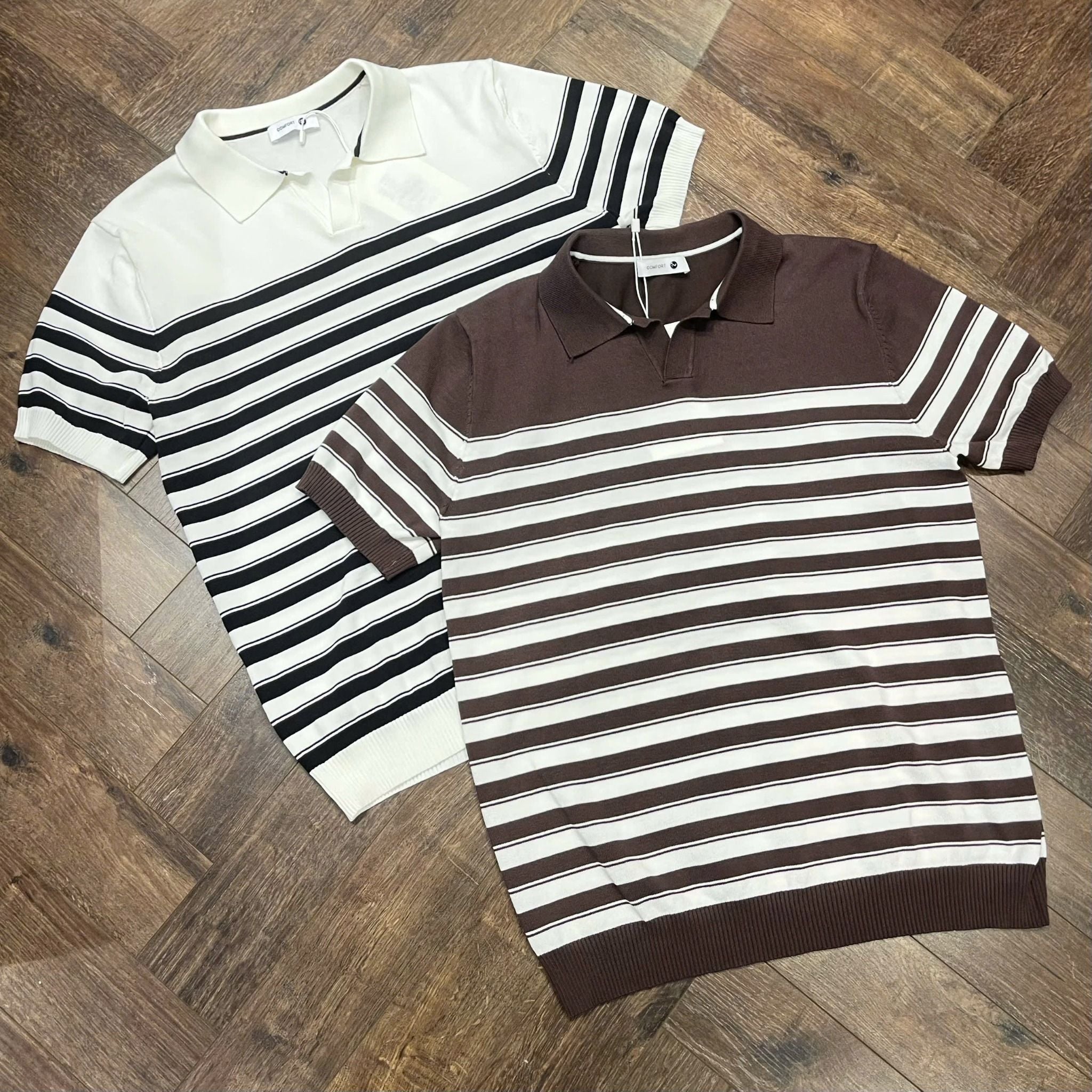  [ẢNH THẬT] Áo Polo Len Nam Ngắn Tay Kẻ Ngang Cổ V B2003 