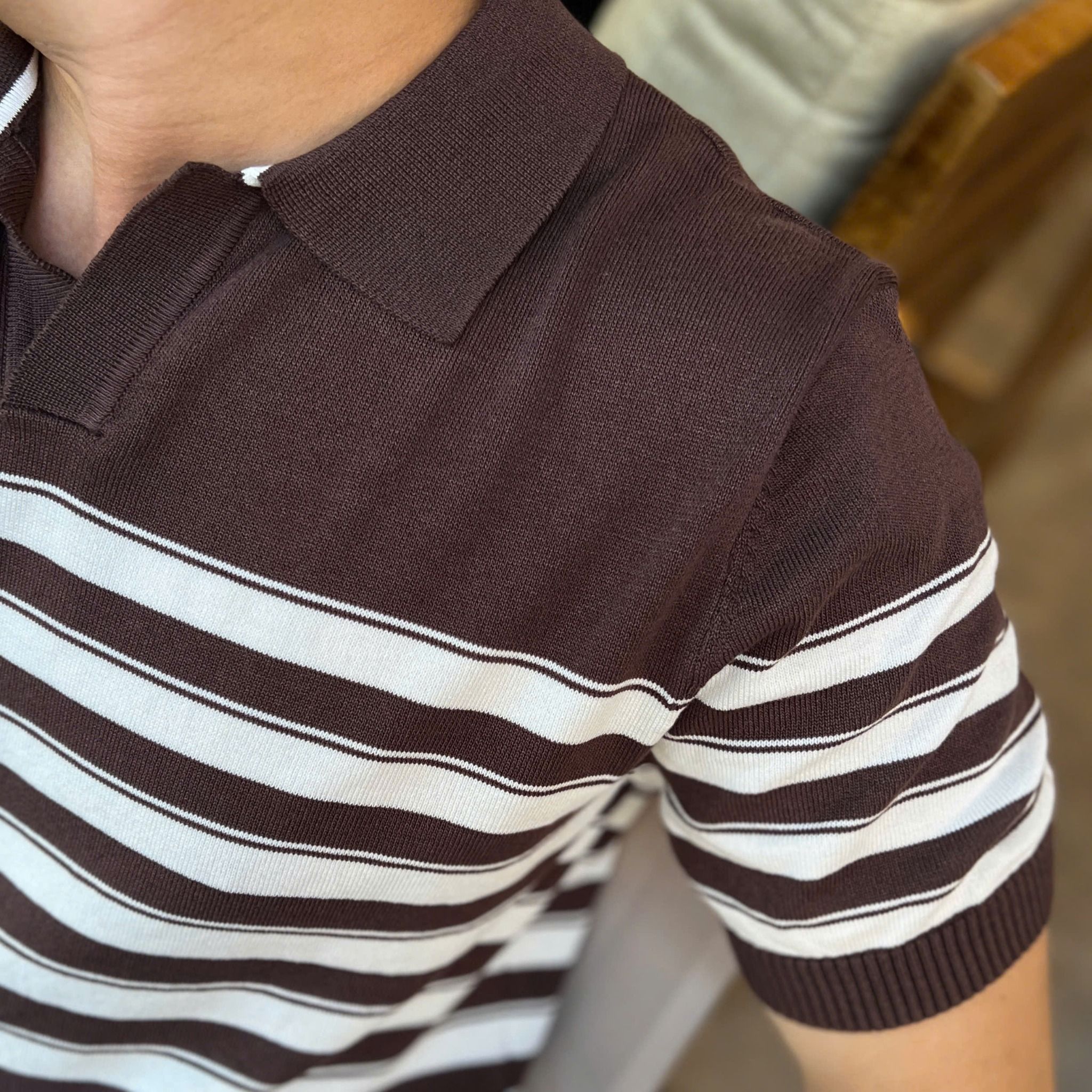  [ẢNH THẬT] Áo Polo Len Nam Ngắn Tay Kẻ Ngang Cổ V B2003 