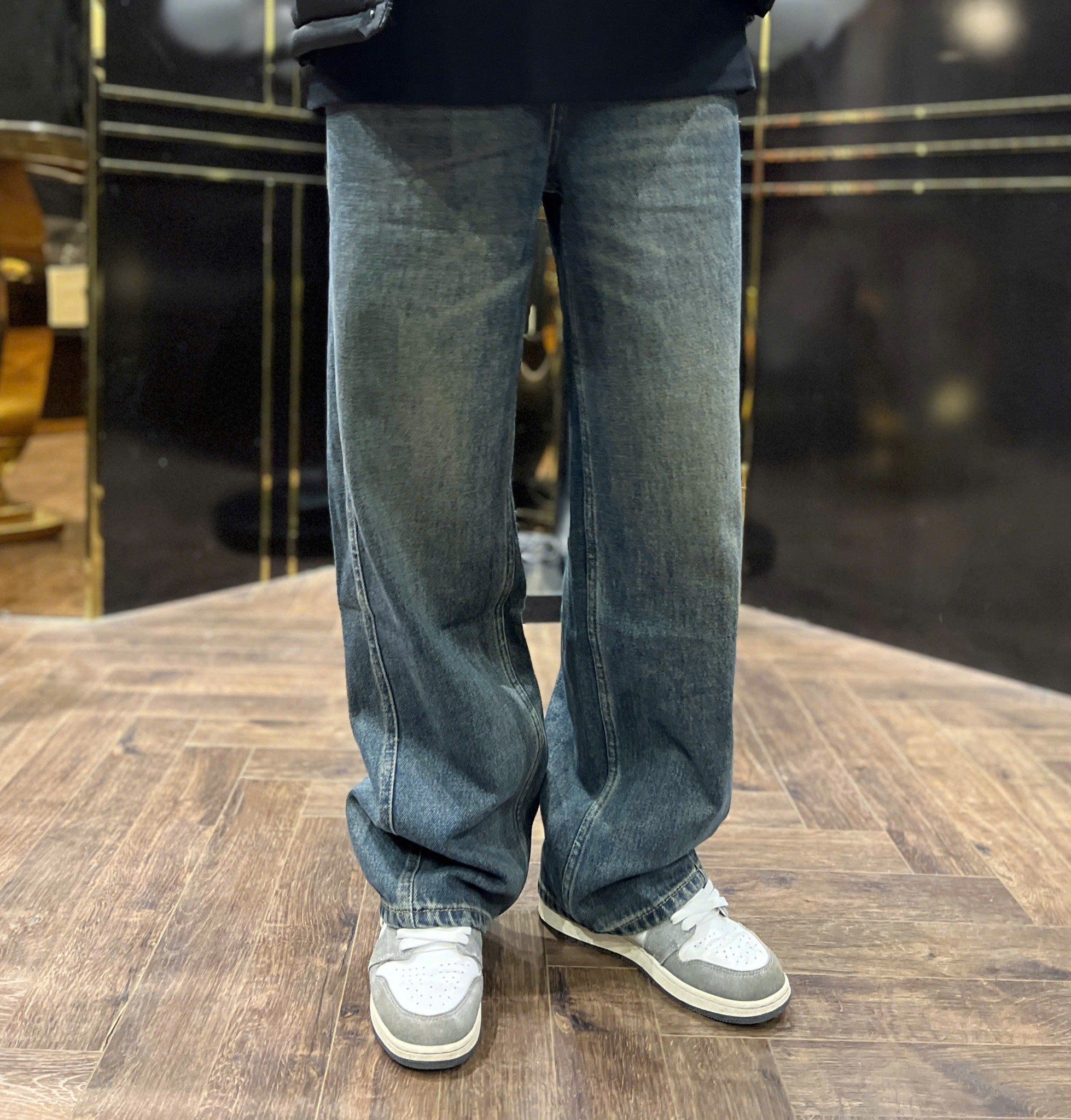  [ẢNH THẬT] Quần Jean Suông Trơn Xanh Đậm Loang N8071 