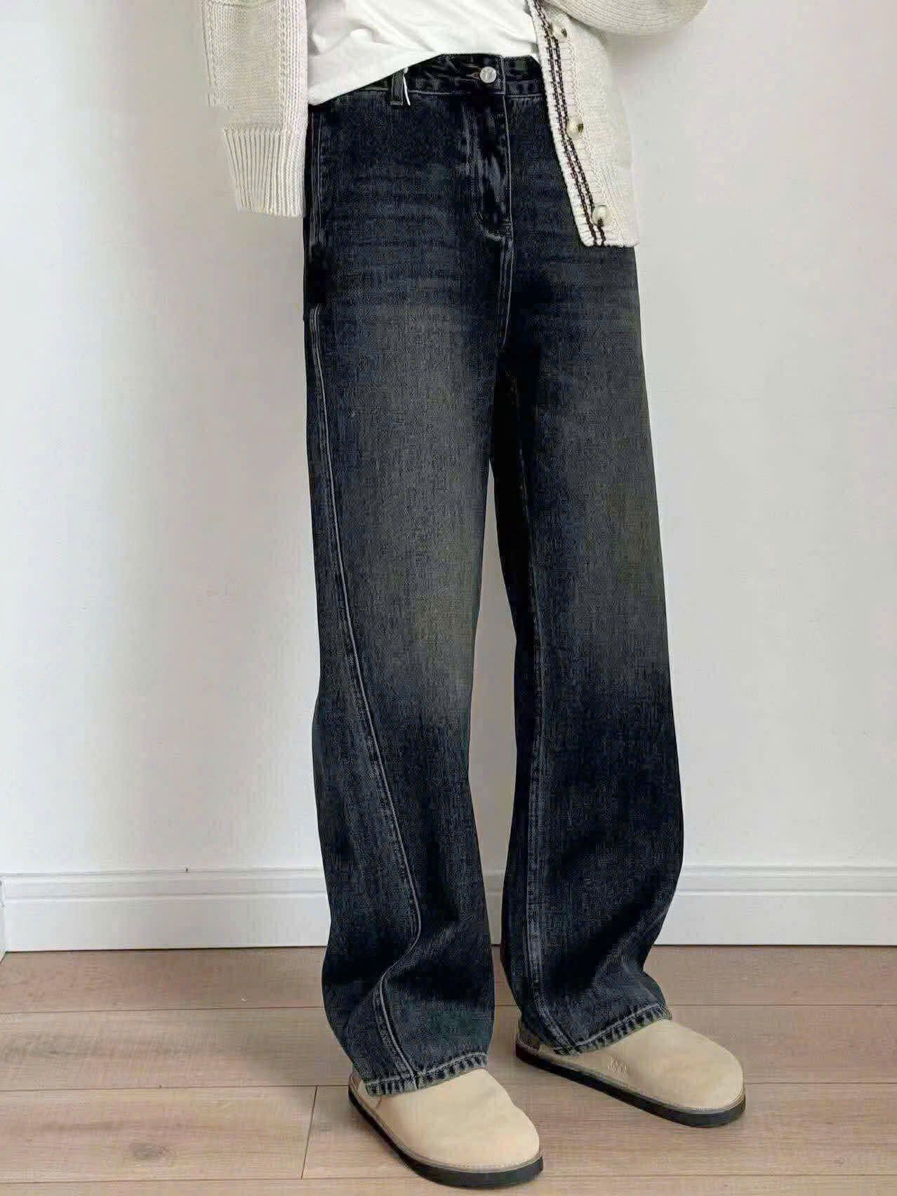  [ẢNH THẬT] Quần Jean Suông Trơn Xanh Đậm Loang N8071 