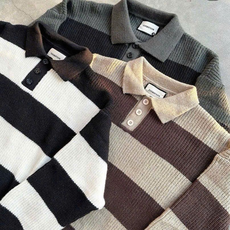  [ẢNH THẬT] Polo Len Dài Tay Nam Nữ Kẻ Ngang 8066 