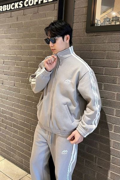  [ẢNH THẬT] Bộ Nỉ Nam Sọc Tay Khoá Kéo Logo Thêu 3253 