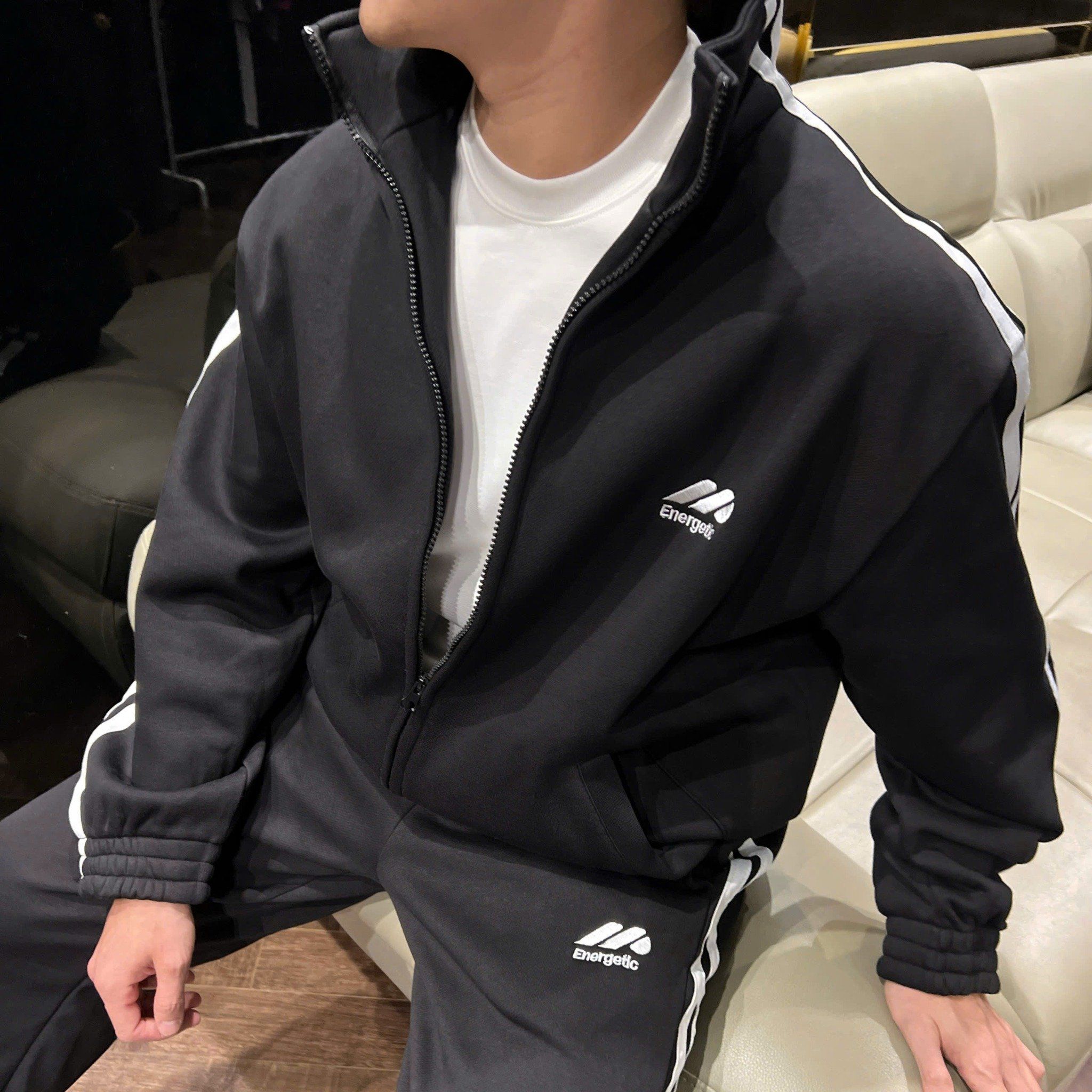  [ẢNH THẬT] Bộ Nỉ Nam Sọc Tay Khoá Kéo Logo Thêu 3253 