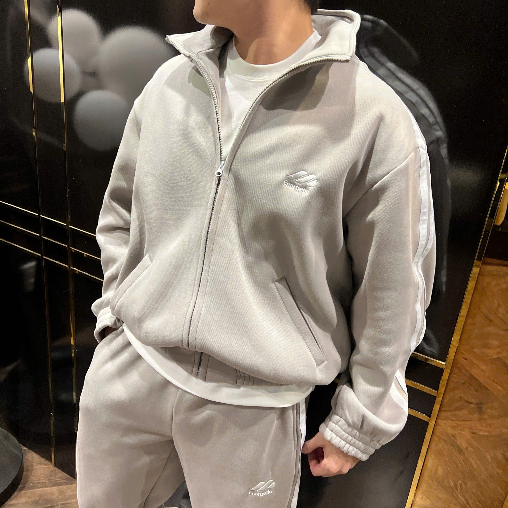  [ẢNH THẬT] Bộ Nỉ Nam Sọc Tay Khoá Kéo Logo Thêu 3253 