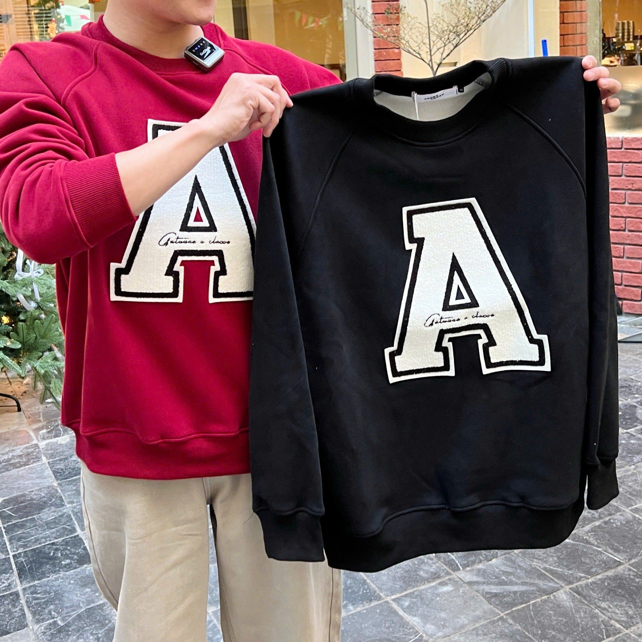  [ẢNH THẬT] Áo Dài Tay Nỉ Nam Nữ Thêu Chữ A 3090 