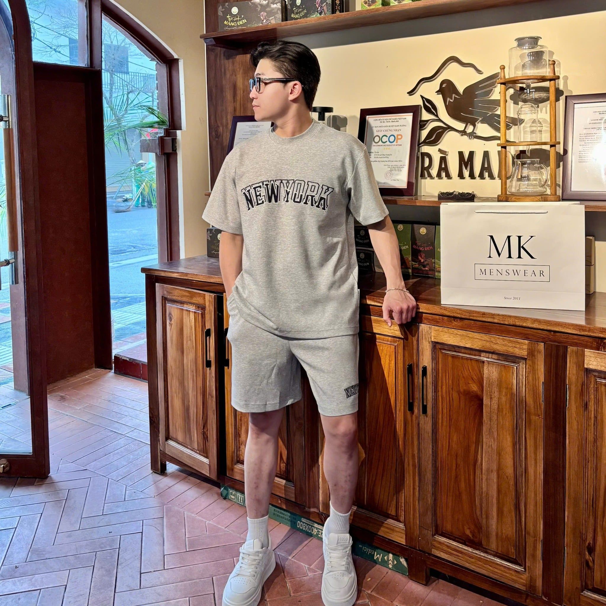  [ẢNH THẬT] Bộ Nỉ Ngắn Tay Nam Thêu Logo Chữ NY 3567 