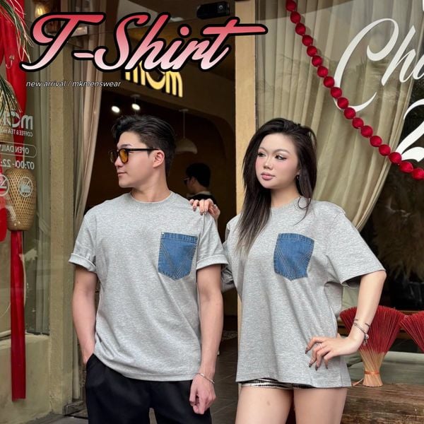  [ẢNH THẬT] Áo Phông Ngắn Tay Nam Nữ Thêu Túi Denim T9129 