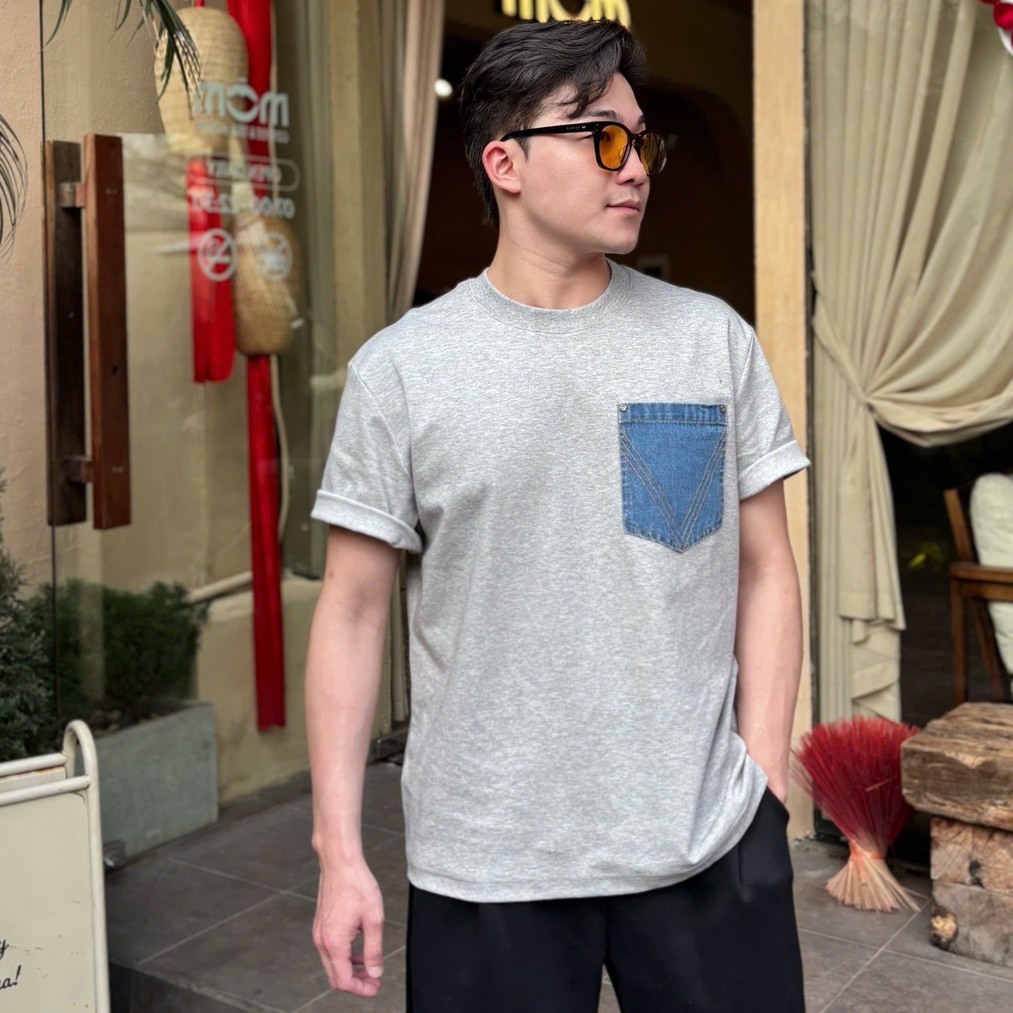  [ẢNH THẬT] Áo Phông Ngắn Tay Nam Nữ Thêu Túi Denim T9129 