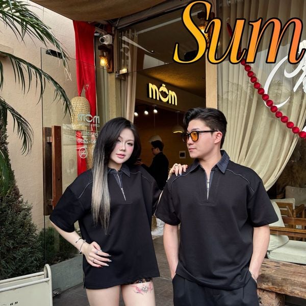  [ẢNH THẬT] Polo Ngắn Tay Nam Nữ Cổ Denim Phối Khoá 8055 