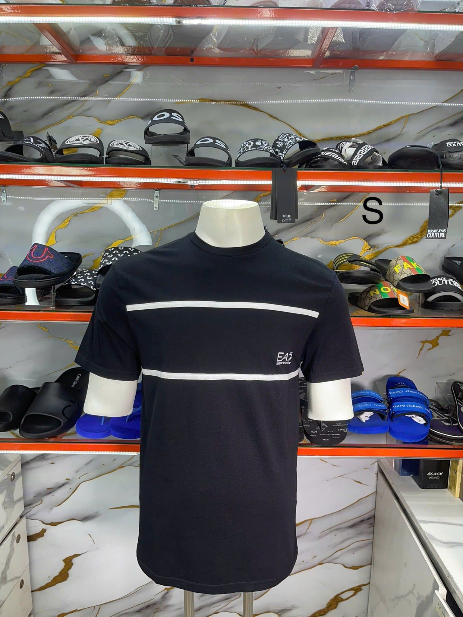 Áo Thun EA7 Emporio Armani Đen Kẻ Ngang Trắng - New - 6DPT47 PJTJZ