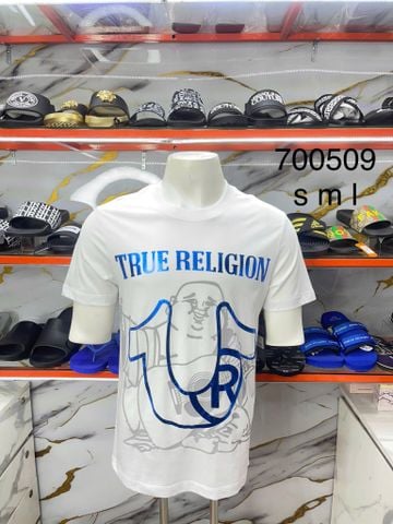 Áo Thun True Religion Trắng Chữ Xanh Ông Địa Xám - New - 700509