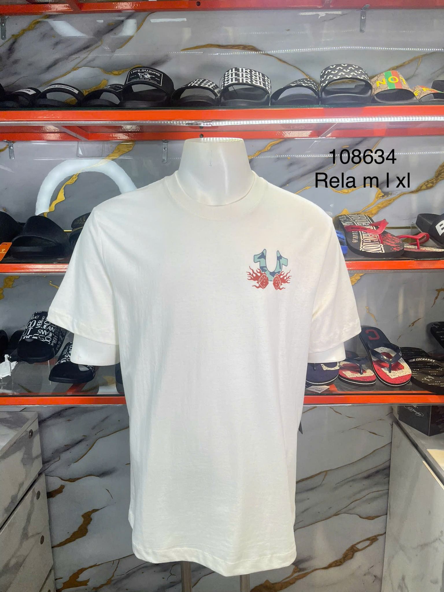 Áo Thun True Religion Trắng In Hình Lửa - New - 108634