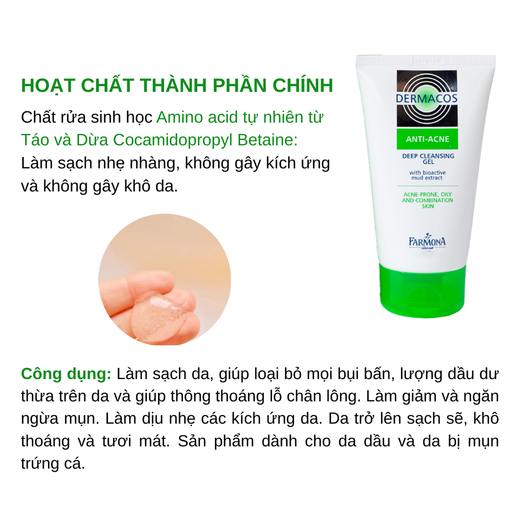 Sữa Rửa Mặt Cho Da Dầu &  Da Mụn Dermacos Anti-Acne Deep Cleansing Gel 150ml