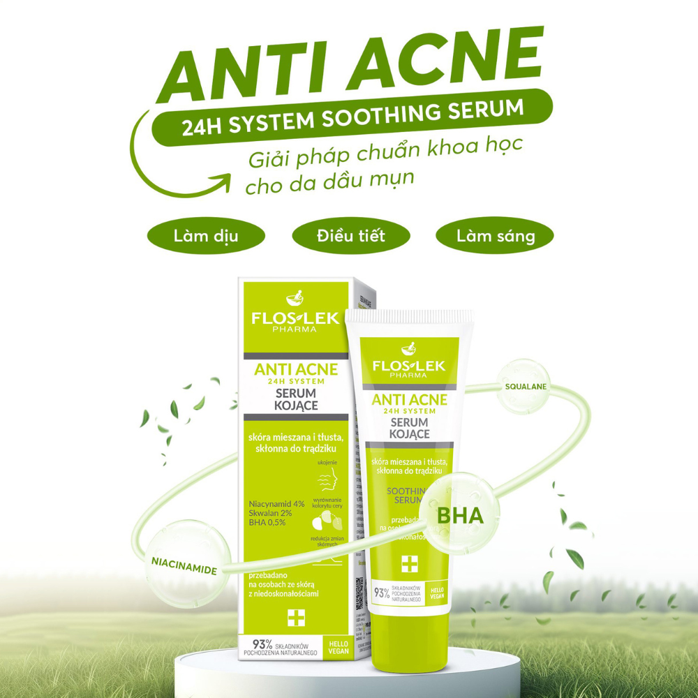 Tinh Chất Hỗ Trợ Kiềm Dầu Giảm Mụn Floslek Anti Acne 24H System Soothing Serum 50ml