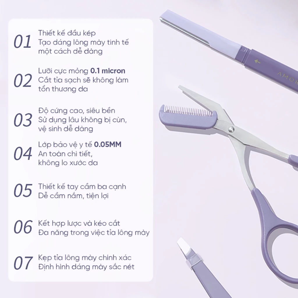 Bộ Dụng Cụ Tỉa Lông Mày Amortals Eyebrow Refining Tricmer 3-Piece Set