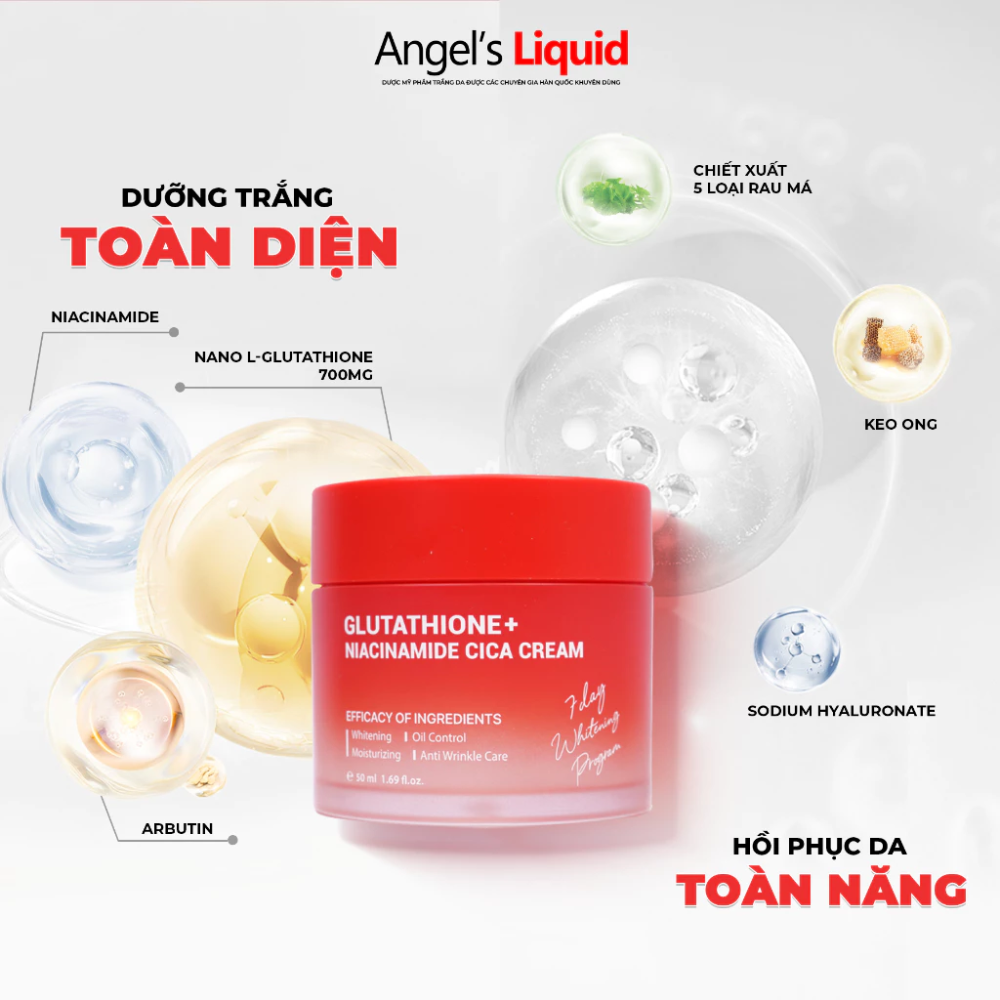 Kem Dưỡng Trắng Kiểm Soát Dầu Thu Nhỏ Lỗ Chân Lông Angel’s Liquid Glutathione Plus Niacinamide Cica Cream 50ml