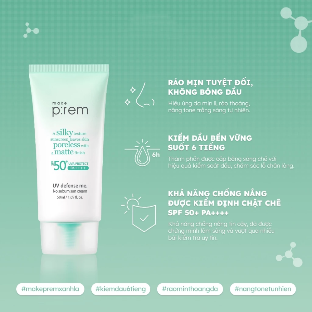 Kem Chống Nắng Nâng Tone Kiềm Dầu Make P:rem UV Defense Me No Sebum Sun Cream SPF50+ PA++++ 50ml