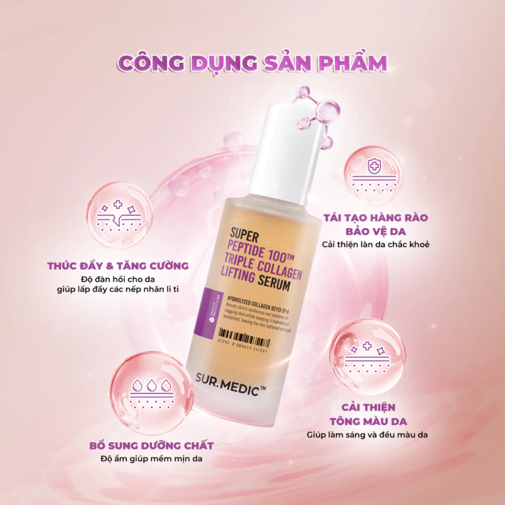 Tinh Chất Cải Thiện Độ Đàn Hồi Căng Mịn Da Sur.Medic Super Peptide 100TM Triple Collagen Lifting Serum 50ml