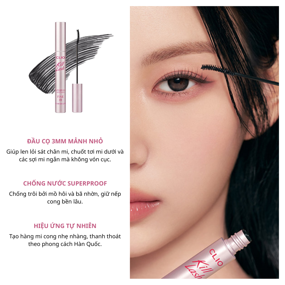 Mascara Chuốt Mi Cong Tự Nhiên Clio Kill Lash Superproof Mascara Fine 6.5g