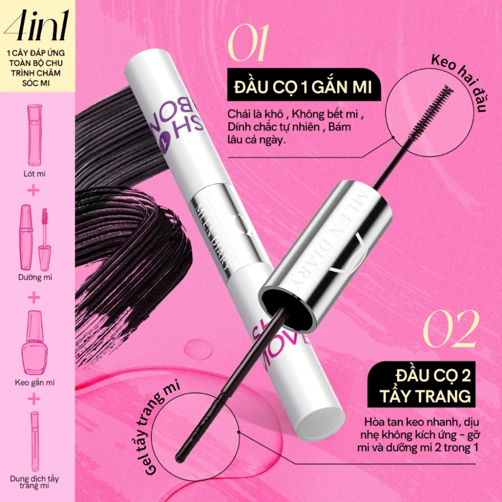 Keo Dán Mi 2 Đầu Có Màu Mlen Diary 4In1 Plus Lash Bond & Remover