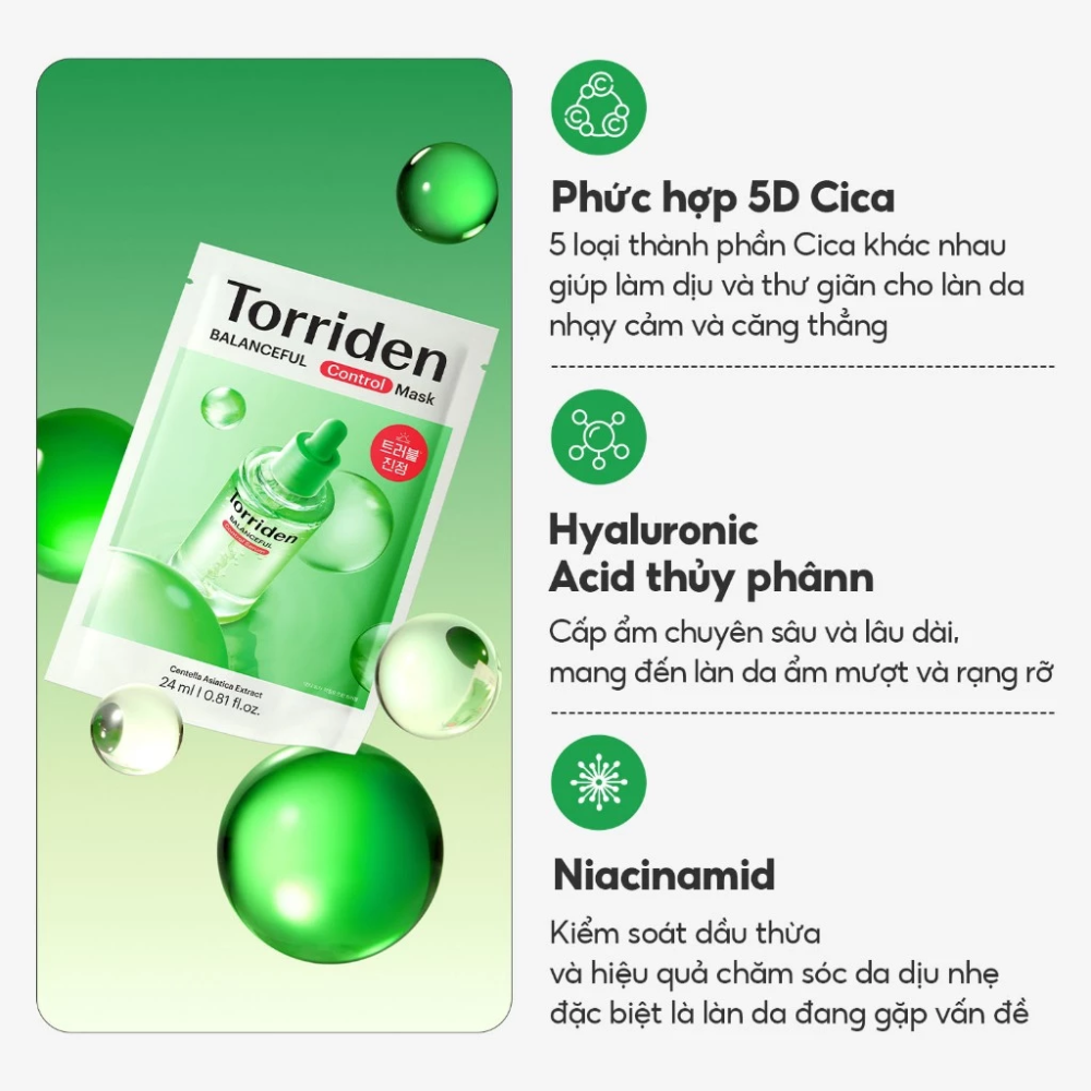Mặt Nạ Làm Dịu & Phục Hồi Da Mụn Nhạy Cảm Torriden Balanceful Cica Mask 25ml