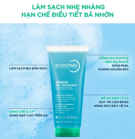 Gel Rửa Mặt Tạo Bọt Cho Da Hỗn Hợp & Da Dầu Bioderma Sebium Foaming Cleaning