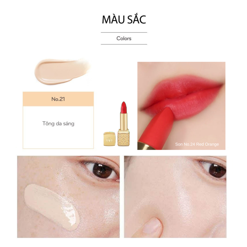 Set Phấn Nước Whoo Cheongidan Radiant No.21 Special Set (2 Lõi Thay Thế + 1 Kem Lót Base Pink + 1 Son No.24 Red Orange + 1 Cọ Tán Cushion)